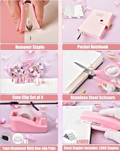 LXEVIHK 21Pcs Pink Desk Organizers and Accessories With Mesh Desk Organizer and 360°Rotating Pen Holder and a Lot of Office Pink Office Supplies Beautifully Presented in a Gift Box - color: Pink