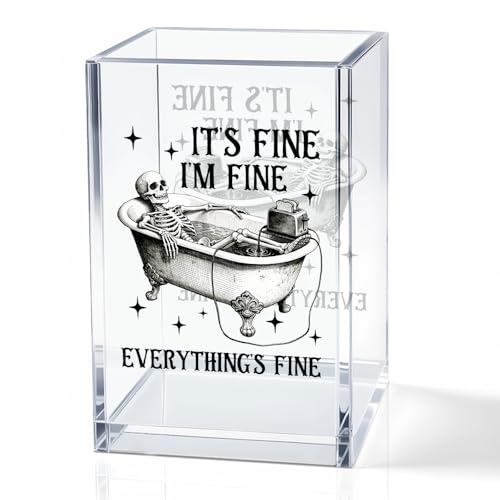 It's Fine I'm Fine Everything Is Acrylic Makeup Brush Pencil Holder Cup, Funny Bathtub Skull Pen Holder Gifts For Friends HR Nurse, Office Gifts for Women Men Coworker, Pencil Cup for Desk - color: black 2