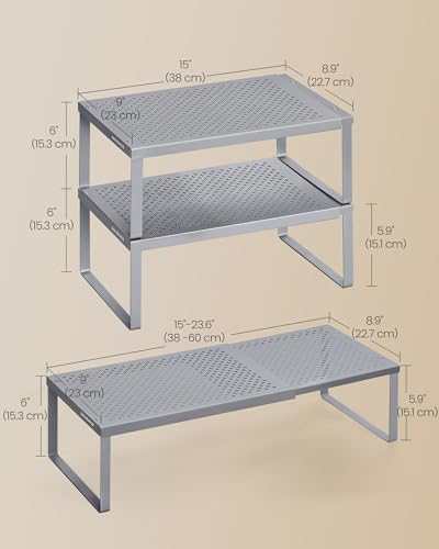 SONGMICS Spice Racks, Set of 2 Expandable Kitchen Countertop Shelves, Small Cupboard Organizers, Metal, Space-Saving Tabletop Shelves, Silver UKCS402FG01 - color: Silver, size: Set of 2