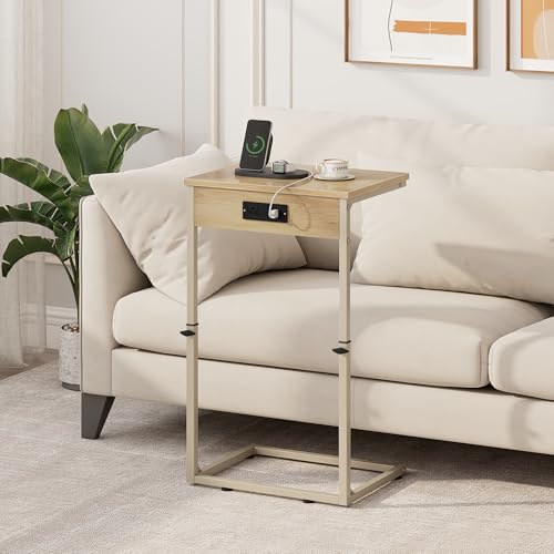 Vagusicc C Shaped End Table with Charging Station, Adjustable Height Side Table for Couch, Small Side Table, 33.2'' Tall Couch Tables that Slide Under, Tv Tray End Table for Living Room, Natural - color: Natural (1 Pack), style: With Plug