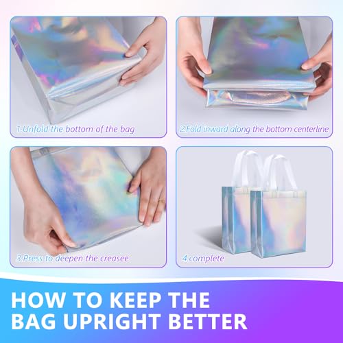 NEOACT 30 Pcs Iridescent Gift Bags Medium Size,Glossy Holographic Reusable Gift Bags with Handles,Ideal Goodie Bag for Birthday,Wedding,Christmas,Party Favor - 7.8x3.9x10 Inch