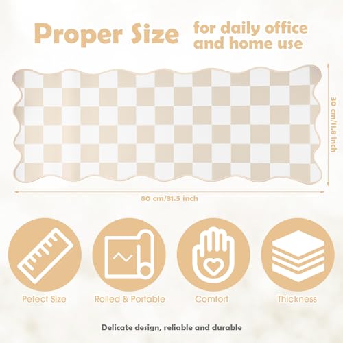 Copkim 1 Pcs Beige Scalloped Checkered Desk Mat 31.5 x 11.8 Inch Large Cute Mouse Pad Computer Mat Non Slip Waterproof Rubber Base with Border Stitching Soft Keyboard Pad for Home Office Gaming Makeup - color: Beige, style: Checkered