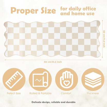 Copkim 1 Pcs Beige Scalloped Checkered Desk Mat 31.5 x 11.8 Inch Large Cute Mouse Pad Computer Mat Non Slip Waterproof Rubber Base with Border Stitching Soft Keyboard Pad for Home Office Gaming Makeup - color: Beige, style: Checkered