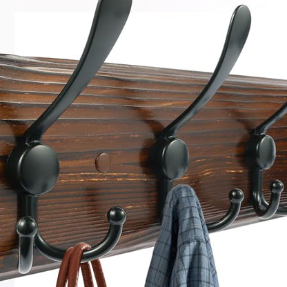 2 Pack Coat Rack Wall Mount 16.8'' Rustic Hat Rack with 5 Triple Hooks Coat Hooks Wall Mount Farmhouse Wall Hooks for Hanging Coat, Bags, Towels - color: Brown Plate & Black Hook, size: 2 Item-5 Hooks