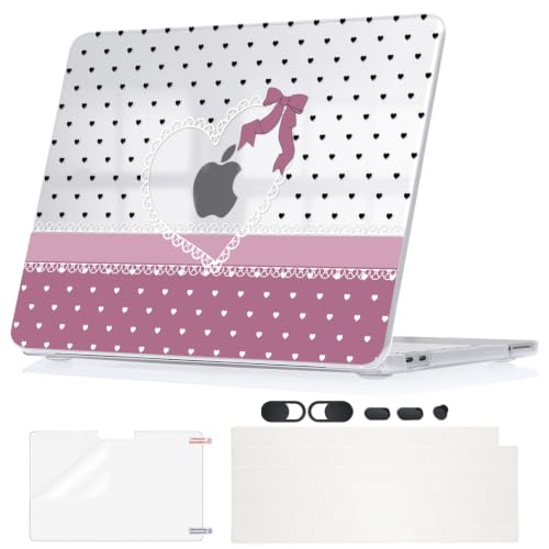 Hard Case for 2026 MacBook Neo 13 A3404 A18 Pro, Ultra Thin Portable Cover with Screen Film, Keyboard Cover, Webcam Cover & Dust Plugs, Vintage Lace Motifs, Tiny Hearts & Elegant Bow Knots - color: Lace, Heart & Bow Print
