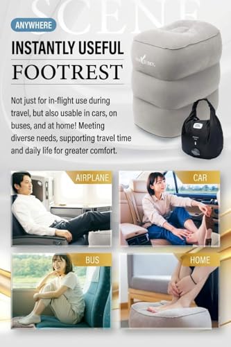 Inflatable Foot Rest for Airplane Travel - Adjustable Height Leg Pillow for Long Flights - Portable Travel Footstool with Pump-Free Inflation Bag - Car & Office Leg Rest Essentials