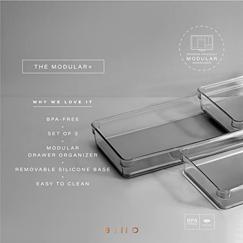BINO | 3-Piece Drawer Organizer Bin Set - Grey, Large | THE MODULAR+ | Multi-Purpose Storage | Soft-Grip Lining and Non-Slip Rubber Feet | Durable | BPA-Free | Desk Drawer Organizer | Vanity Organizer - size: Large