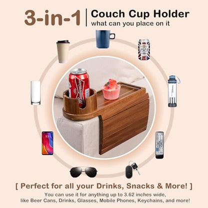 Couch Cup Holder for Armrests Over 4.9" Wide, Acacia Wood Couch Arm Tray with 360° Rotating Cup Holder, 3 in 1 Foldable Sofa Arm Tray Table for Remote, Snacks, Phone, Drinks - color: Acacia Wood