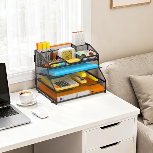 4 Tier Desk Orgnizers and Accessories, Metal Magazine File Holder with Pencil Holder and Handles, Space Saving Desk File Trays for School Office Supplies(Black) - color: 4-tier-black