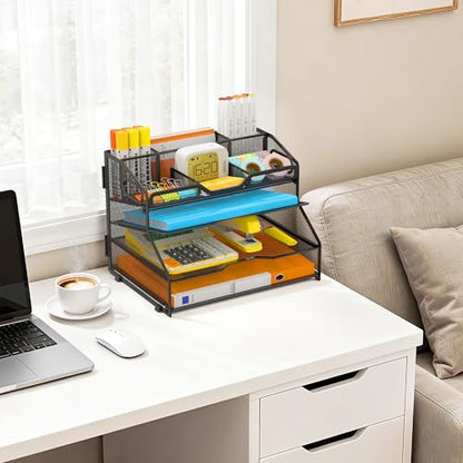 4 Tier Desk Orgnizers and Accessories, Metal Magazine File Holder with Pencil Holder and Handles, Space Saving Desk File Trays for School Office Supplies(Black) - color: 4-tier-black