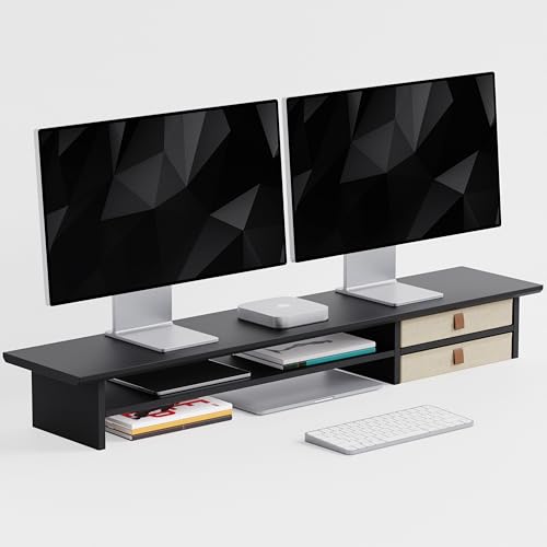 FENSULN Dual‑Tier Monitor Stand Riser with Drawers, Desktop Organizer Shelf Storage for Computer Screen 2 Monitors, Supports for PC Computer Monitor, Printer, Heavy TV Riser Black