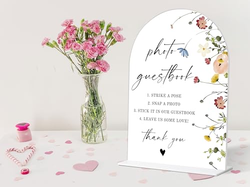 Photo Guest Book Sign, Wedding Guest Book Alternative, Flower Style Bridal Shower Signs for Engagement, Bridal Shower and Reception, Wedding Shower Favors, 6X8 Inch Acrylic Arch Sign with Stand,34 - color: Photo Guest,34