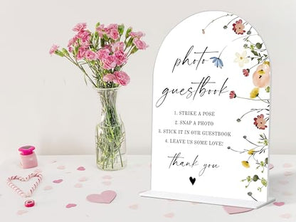 Photo Guest Book Sign, Wedding Guest Book Alternative, Flower Style Bridal Shower Signs for Engagement, Bridal Shower and Reception, Wedding Shower Favors, 6X8 Inch Acrylic Arch Sign with Stand,34 - color: Photo Guest,34
