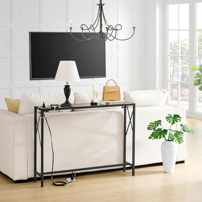 Gewudraw 41.7" Console Table, Narrow Behind The Couch Table with Outlet, Industrial Skinny Sofa Table for Hallway, Entryway, Living Room,Walnut - color: Light Grapefruit, size: 41.7W