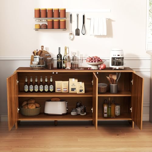 59" Long Buffet Cabinet with Storage, 3 Door Sideboard Kitchen Cabinet with Adjustable Shelf, Wood TV Stand Console Table for Living Room, Arched Accent Sorage for Coffee Bar (3 Doors - Walnut)