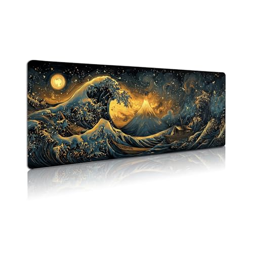 Extended Gaming Mouse Pad, Large Mouse Mat 3 mm Nature Rubber Base Mousepad with Stitched Edges, Non-Slip Desk Mat for Office Home Great Gift 31.5x11.8 Inch (Great Wave 2) - color: Great Wave 2