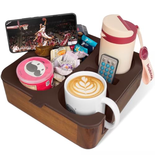 Couch Cup Holder Tray, Real Acacia Wooden Caddy with Soft Silicone, Snack and Drink Organizer- Perfect Movie Night Accessories for Bed, Remote and Cup Holders for Sofa (Coffee) - color: Coffee