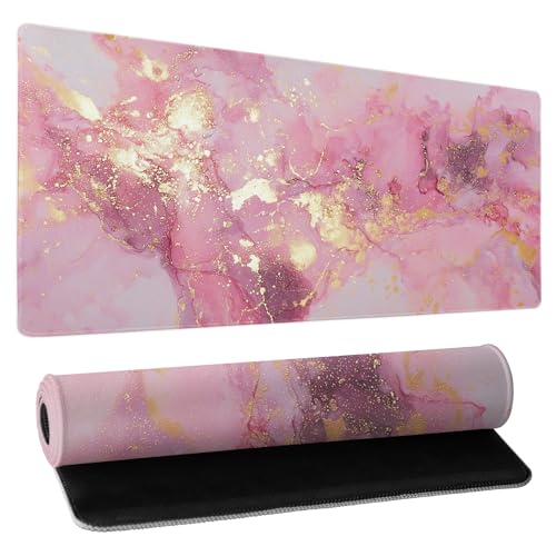 Gold Pink Marble Mouse Pad Extended Large 35.4x15.7in Coquette Kawaii Desk Mat Preppy Trendy Computer Mousepad XL Non-Slip Rubber Base Stitched Edge Rose Gold Mousepad PC Desk Pad for Work Desktop - color: Gold Pink Marble, size: 35.4x15.7 Inch