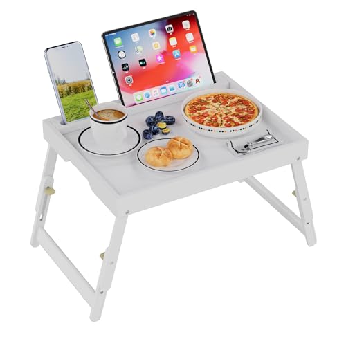 Artmeer Bed Tray Table with Folding Legs, Bamboo Breakfast Food Tray with Media Slot, Use As Platter, Laptop Desk, Snack, TV Tray Kitchen Serving Tray (White Large Adjustable Legs) - color: White, size: Large Adjustable