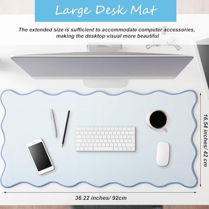 Hahafelt Scalloped Desk Mat Large Desk Pad Cute Coquette Table Mat Back to School Preppy Table Make up Pad Nonslip Graduation Gift with Stitching Waterproof Gaming(Blue,36 x 17 Inches) - color: Blue, size: 36L x 17W inches