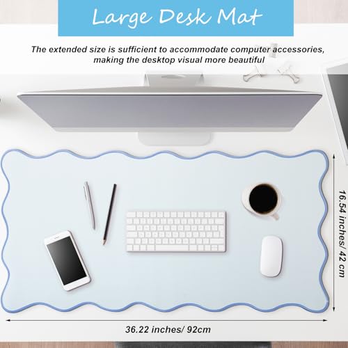 Hahafelt Scalloped Desk Mat Large Desk Pad Cute Coquette Table Mat Back to School Preppy Table Make up Pad Nonslip Graduation Gift with Stitching Waterproof Gaming(Blue,36 x 17 Inches) - color: Blue, size: 36L x 17W inches
