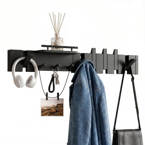 Mid Century Modern Walnut Foldable Entryway Wall Coat Hanger Hook with Shelf,Heavy Duty Wooden Piano Hidden Towel Hooks for Bathroom,Wall Rack for Purse&Key&Mail,Home Decor (Black, 9 Hooks) - color: Black, size: 9 Hooks