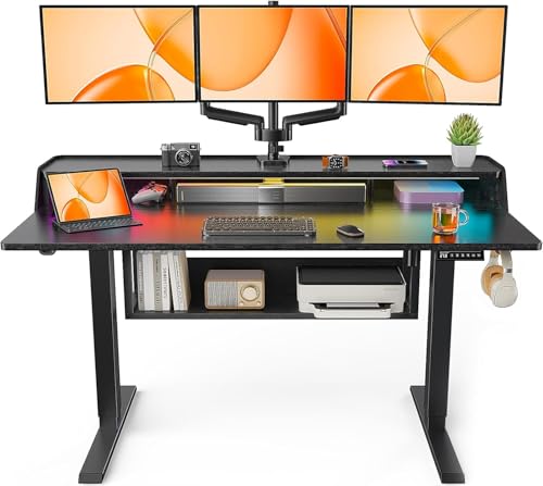 ErGear Electric Standing Desk, 55x28 Inch Adjustable Sit Stand Desk with Bookshelf & Monitor Stand, Standing Gaming Desk with LED Light Strip, Stand Up Desk for Home Office, Black - color: Black, size: 55*28 Inch with shelf