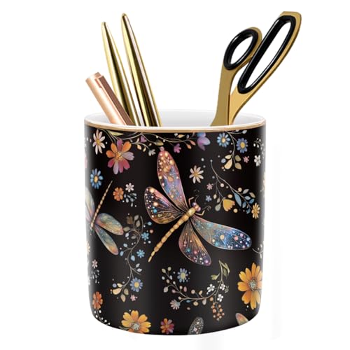Pen Holder, Pencil Cup for Desk, Cute Makeup Brush Holder, Durable Ceramic Organizer Decor for Room, Office, Classroom, Cute Dragonfly Pattern - color: Cute Dragonfly Pattern