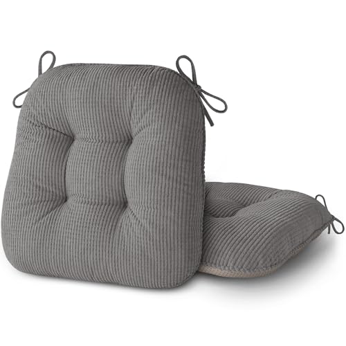 AddGrace Chair Cushions for Dining Chairs Set of 2 Non-Slip Kitchen Seat Cushions with Ties Tufted Thick Seat Pads for Indoor Kitchen Dining Furniture 17"x16"x3" Grey - color: Grey