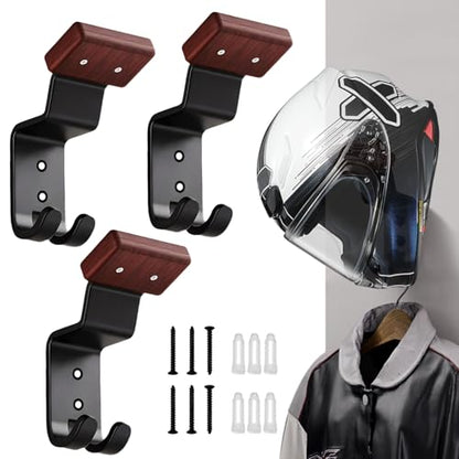 Motorcycle Helmet Holder Wall Mount - Heavy Duty Helmet Hanger Rack with 2 Key Hooks, Solid Wood & Strong Steel Design for Bike, Football, Skiing Sports Gear, Jackets & Hats (3) - color: Red*3