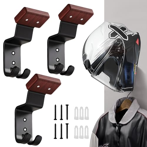 Motorcycle Helmet Holder Wall Mount - Heavy Duty Helmet Hanger Rack with 2 Key Hooks, Solid Wood & Strong Steel Design for Bike, Football, Skiing Sports Gear, Jackets & Hats (3) - color: Red*3