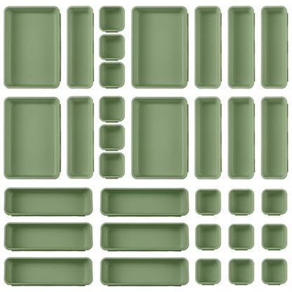32 Pcs Desk Drawer Organizer Office Organization Tray Versatile Vanity Organizer with Nonslip Pads Makeup for Divider Drawer Storage Box Container for Kitchen Bedroom (Dark Green)