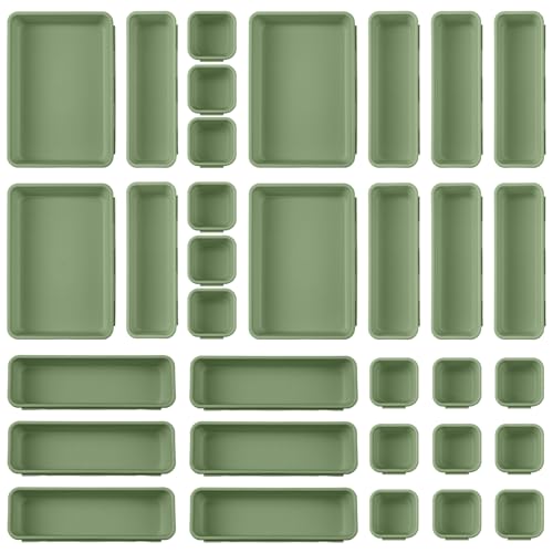 32 Pcs Desk Drawer Organizer Office Organization Tray Versatile Vanity Organizer with Nonslip Pads Makeup for Divider Drawer Storage Box Container for Kitchen Bedroom (Dark Green)