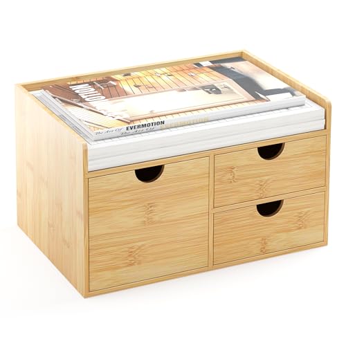Wisuce Desk Organizer with Drawers - Bamboo Desktop Organizer Storage Natural Wood Desk Drawers Organizer for Bills, Office Supplies, Cosmetics, Seals No Assembly Required 3 Drawers（left-right) - color: Natural-3 Drawers Left Right, size: 12.2"L x 8.66"W