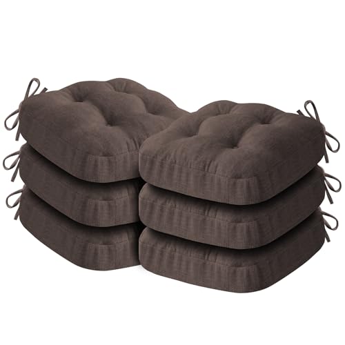 IASEAHK Chair Cushions for Dining Chairs, Dining Chair Cushions, Tufted Indoor Chair Pads with Ties & Non Slip Backing, Seat Cushions for Kitchen Chairs 16.5” x 16.5” x 3.5”, Set of 6, Brown - color: Brown, size: Pack of 6