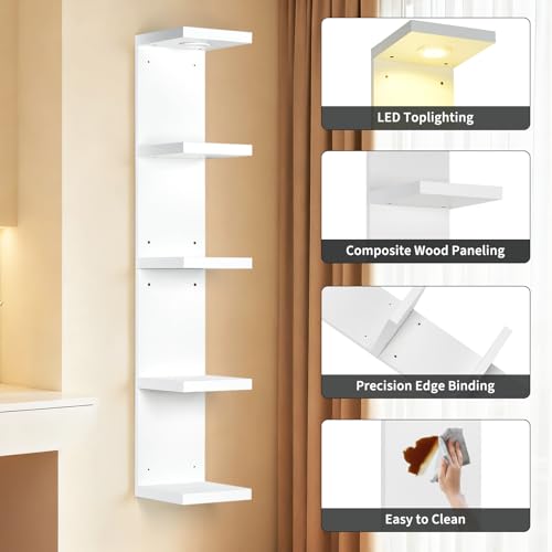 LinTimes 5-Tier LED Wall Shelf with Remote Control, White Floating Shelves Unit, Wall Mounted Display Storage - size: 5 Tier