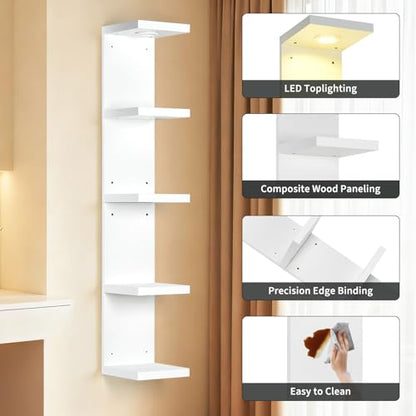 LinTimes 5-Tier LED Wall Shelf with Remote Control, White Floating Shelves Unit, Wall Mounted Display Storage - size: 5 Tier