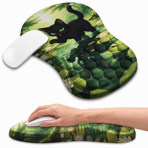 Ergonomic Mouse Pad with Wrist Rest, Memory Foam Wrist Support for Carpal Tunnel Pain Relief, Massage Design Mousepad and Non-Slip Base for Office and Gaming, 12x8 Inch, Black Cat - color: Black Cat