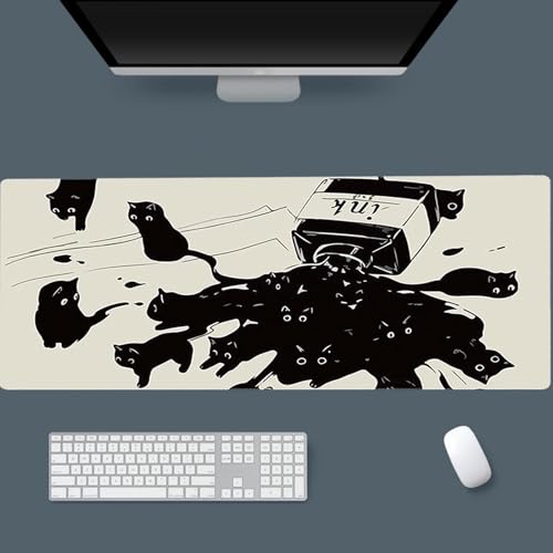 Gaming Mouse Pad XL Extended Anime Mouse Pad 31.5x11.8 inch, Large Cute Kawaii Big Computer Mouse Mat Desk Pad with Non-Slip Rubber Base and Stitched Edge for Home Office-Black Ink Cat - color: Black Ink Cat, size: 31.5L x 11.8W inches