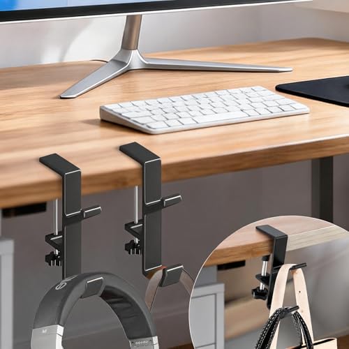 Desk Mount Bag Holder Hook Clamp,On Backpack Hanger Portable Desk Mount Headphones Holder for Reduce Desk Clutter Table Desk Table Hanging Storage(2 Pcs-Double Hook Black) - color: 2 Pcs-Double Hook Black