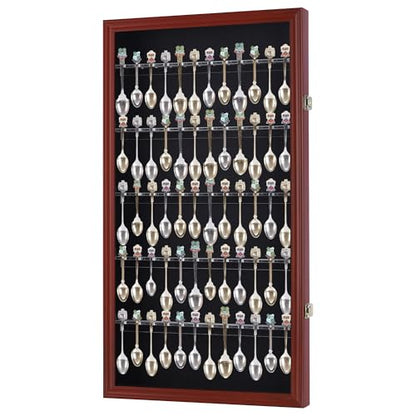 DisplayGifts 60 Souvenir Spoon Tea Spoon Display Case Rack Holder Wall Cabinet Collection Frame with UV Protection, Lockable Door (Cherry Finish) - color: Cherry Finish