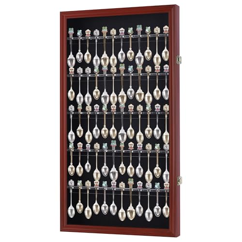 DisplayGifts 60 Souvenir Spoon Tea Spoon Display Case Rack Holder Wall Cabinet Collection Frame with UV Protection, Lockable Door (Cherry Finish) - color: Cherry Finish