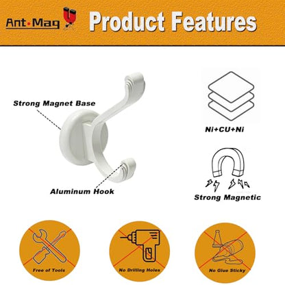 Ant Mag Magnetic Hooks Heavy Duty 140lbs Neodymium Magnet Wall Hooks for Hanging Coats Robes Backpacks Bags Hats Keys Mugs Cups Towels - size: D1.65in White 2 Pack