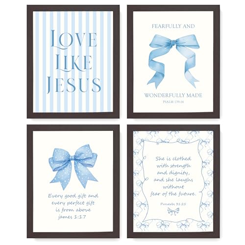 LARTSFRO Coquette Blue Bow Jesus Wall Art Decor Posters, Light Blue Bow Room Bedroom Bathroom Dorm Wall Art Decor Aesthetic for College Teen Girls Gifts, Inspirational Bible Verses Bow Wall Decor, 10x8 Inch Set of 4 Bow Pictures (DARK FRAMED) - color: Bla