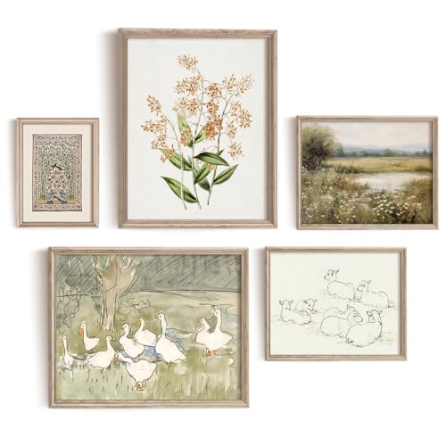 Vodefoad Vintage Nursery Wall Art Set - 5pcs Neutral Canvas Prints - Ducks, Lambs, Flowers, Birds & Landscape - Unframed - color: Nursery Vintage, size: 14L" x 11W"