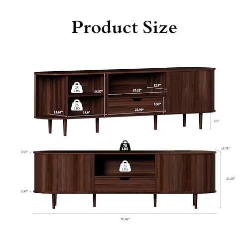 DHH 71" Fluted TV Stand with Power Outlet for TVs up to 80", TV Console with Adjustable Shelves and Sliding Door,Mid Century Modern Entertainment Center for Living Room,Bedroom (Walnut, 71Inch)