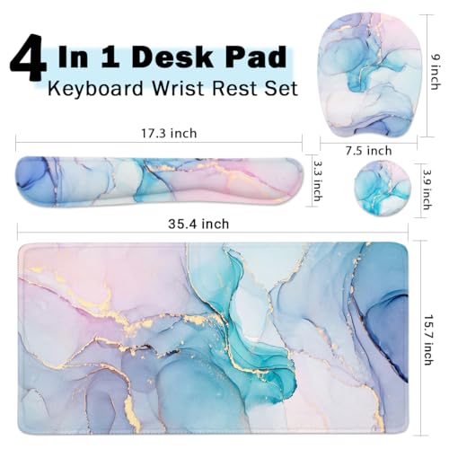 Keyboard Wrist Rest Large Mouse Pad Wrist Support for Computer, 4 in 1 Memory Foam Keyboard Pad Desk Mat Ergonomic Hand Rest Wrist Cushion for Home Office Gaming - Blue Marble - color: Blue Marble