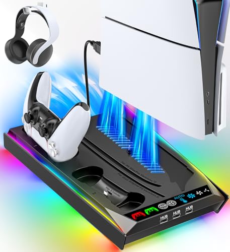 Rysker PS5/Slim/Pro Stand, PS5 Cooling Station Built-in 3-Level Cooling Fan & Fast Charger for Disc & Digital, PS 5 Accessories with Safety Screw and Headset Holder for PlayStation 5 Case - color: Deep Black