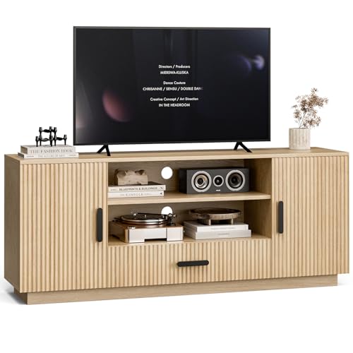 LCRBOL TV Stand for up to 70" TV, Mid-Century Entertainment Center, Natural | 63"W x 15.4"D x 25"H, 2 fluted cabinets, 1 drawer & open shelves, top holds 200 lbs, cable management, ~90 min assembly - color: Beige