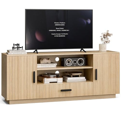 LCRBOL TV Stand for up to 70" TV, Mid-Century Entertainment Center, Natural | 63"W x 15.4"D x 25"H, 2 fluted cabinets, 1 drawer & open shelves, top holds 200 lbs, cable management, ~90 min assembly - color: Beige